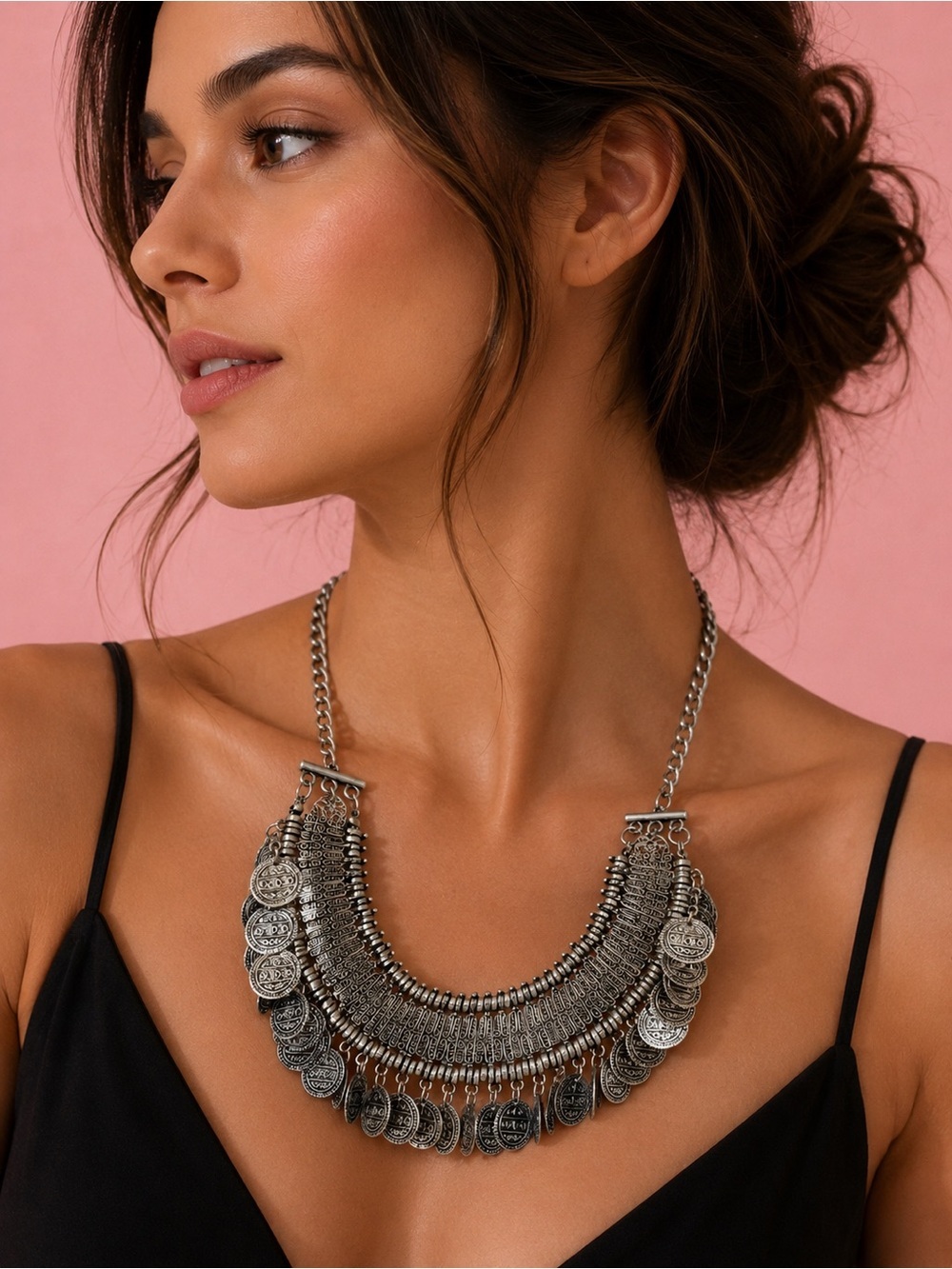 Ethnic Antique Silver Coin Fringe Necklace